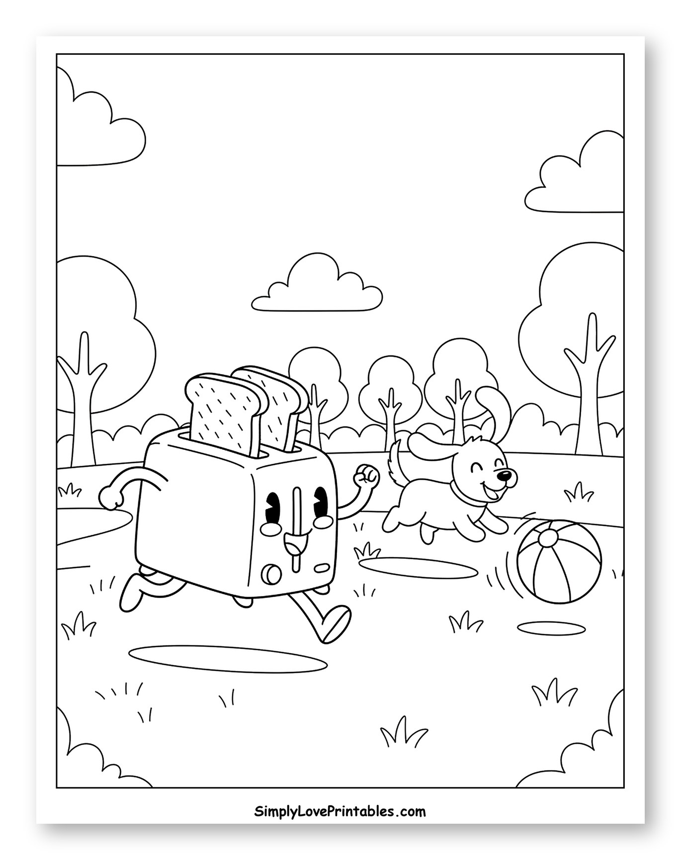 Happy Toaster and Dog Playing in Park Coloring Page for Kids