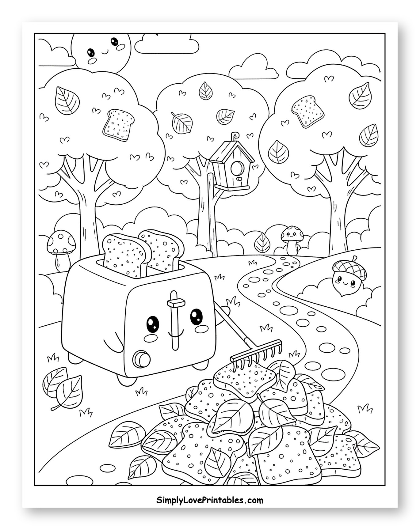 Happy Toaster Raking Autumn Toast and Leaves Coloring Page for Kids
