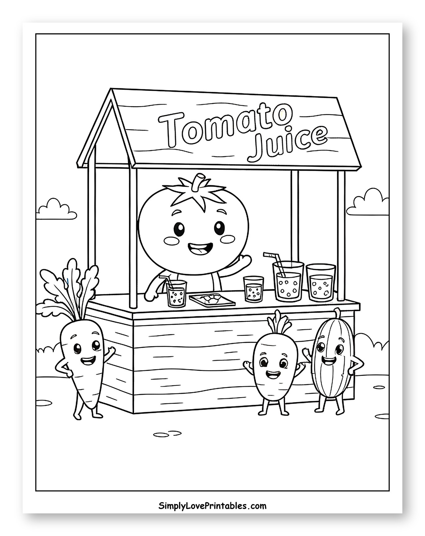 Happy Tomato Juice Stand with Produce Pals Coloring Sheet for Kids