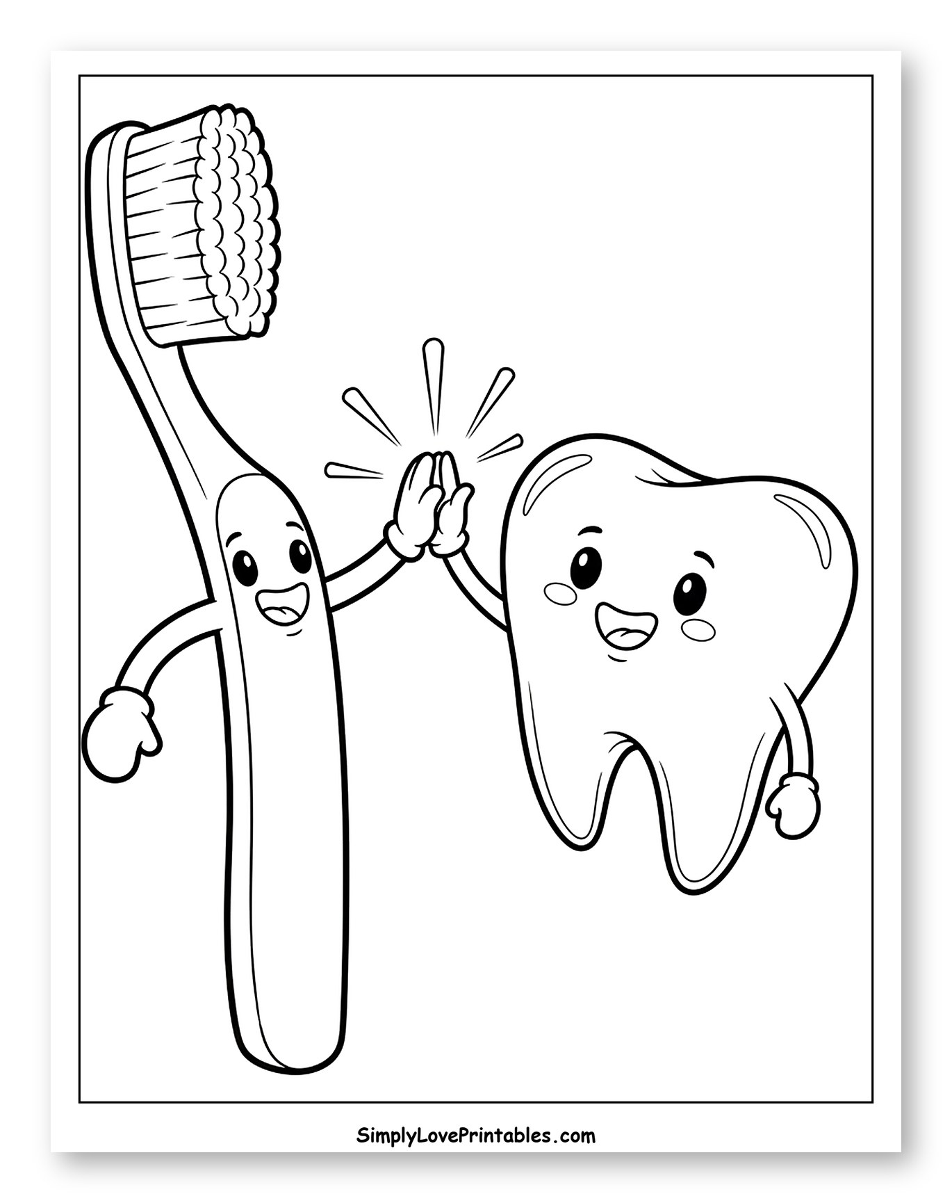 Happy Toothbrush and Tooth High-Fiving Coloring Sheet for Kids