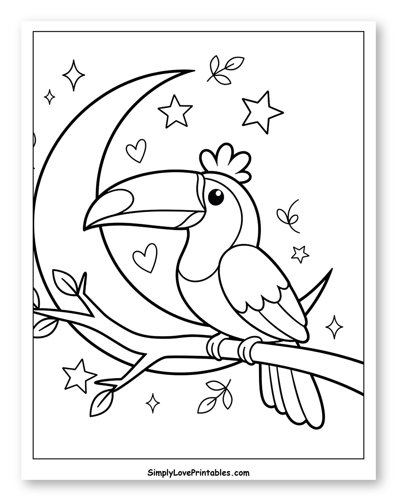Happy Toucan Perched on a Branch with Moon to Color for Adults