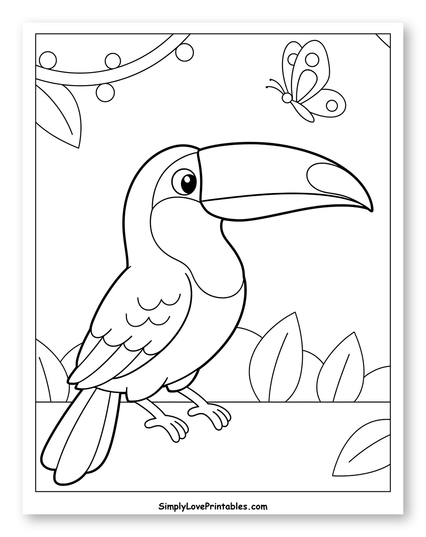 Happy Toucan with a Butterfly and Vines Coloring Sheet for Toddlers