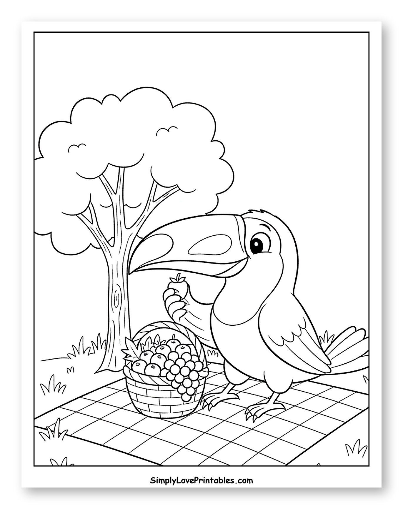 Happy Toucan with Fruit Basket Picnic to Color for Kids