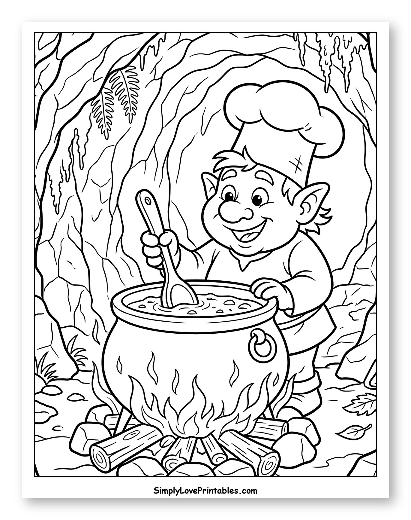 Happy Troll Chef Cooking in a Cave to Color for Kids