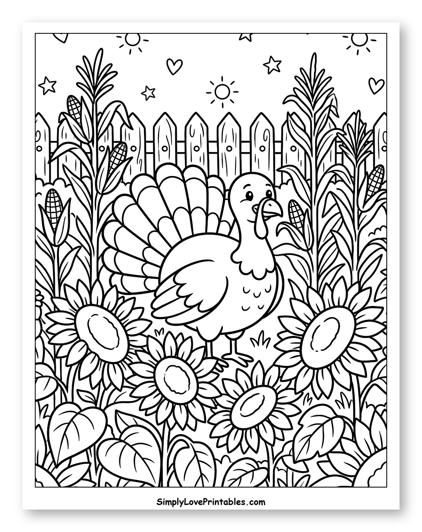 Happy Turkey Among Corn and Sunflowers Coloring Page for Adults