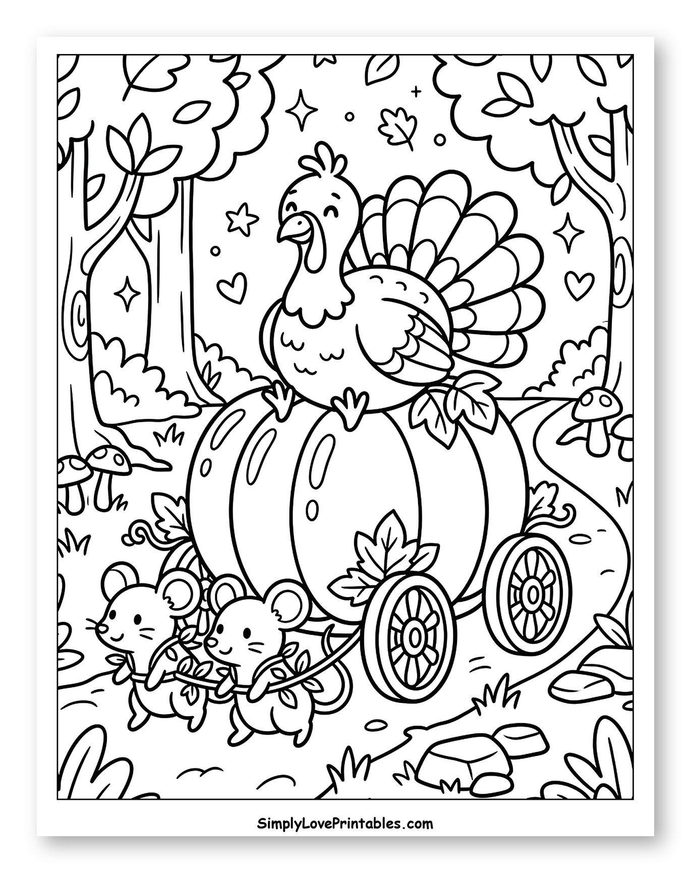 Happy Turkey and Mice on a Pumpkin Carriage Coloring Sheet for Adults