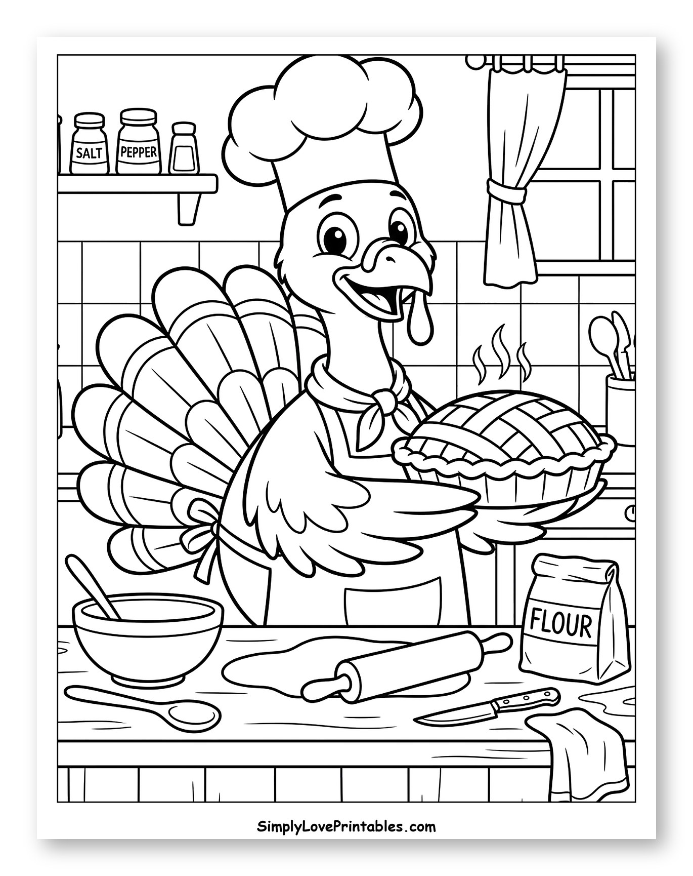 Happy Turkey Chef Holding Freshly Baked Pie