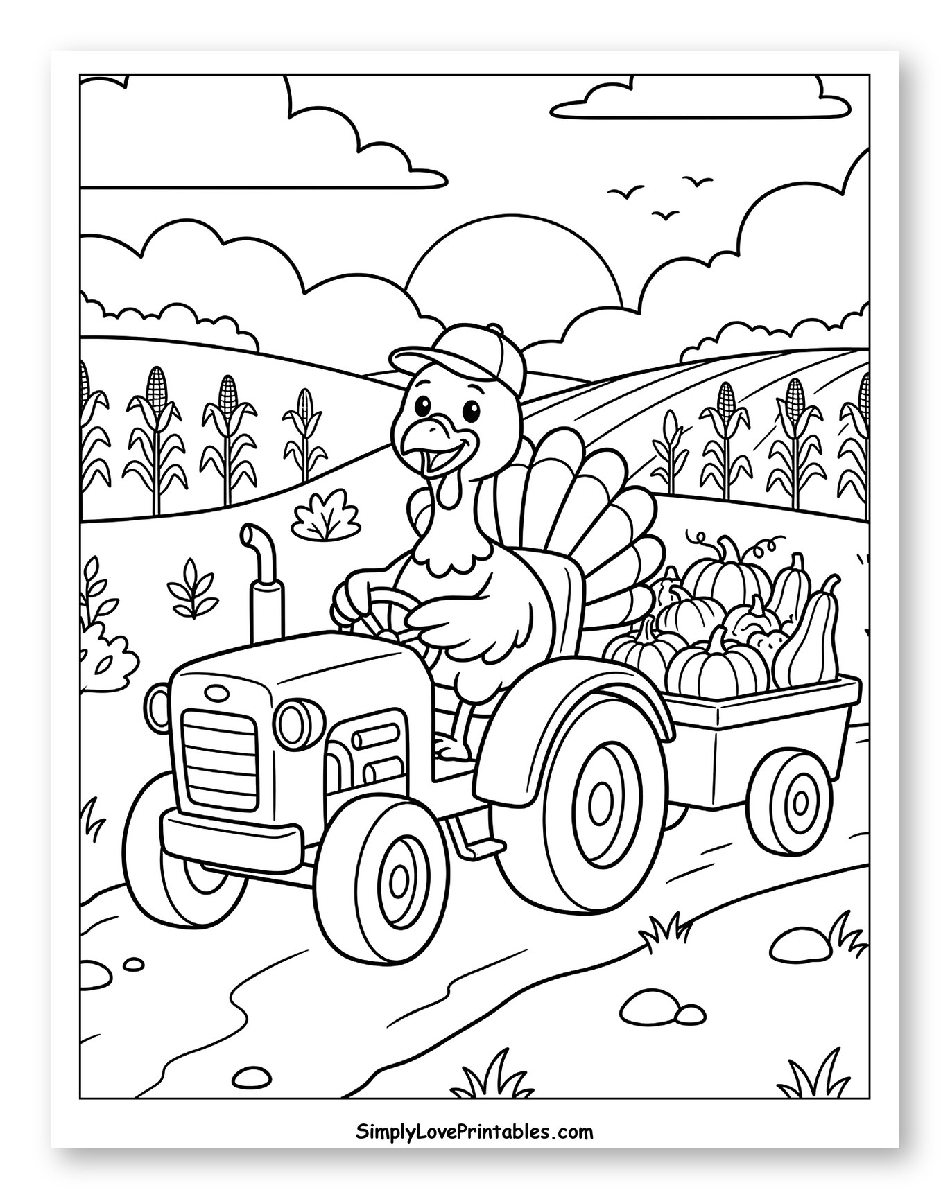 Happy Turkey Driving Tractor with Harvest Coloring Page for Kids