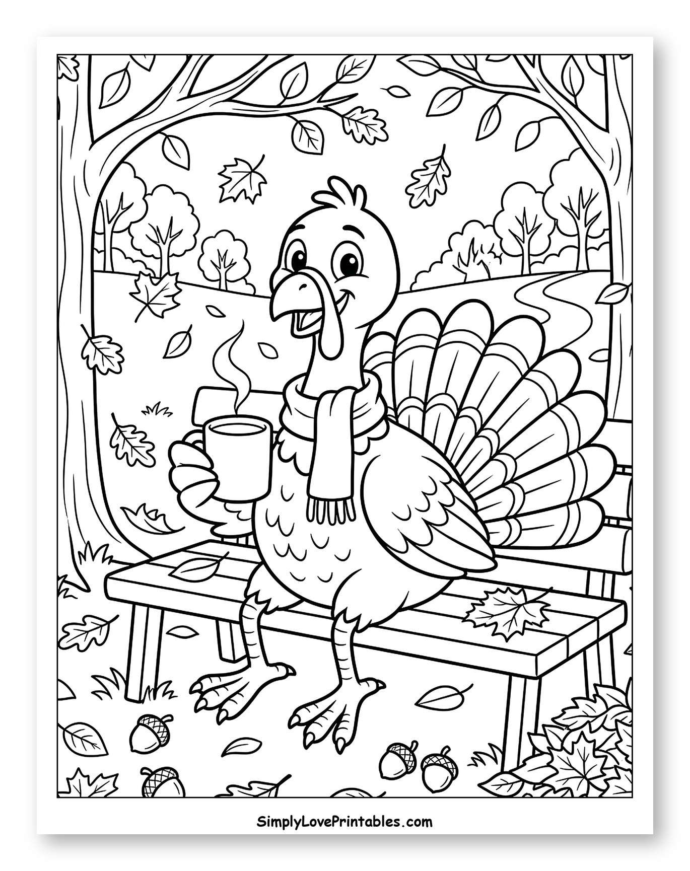 Happy Turkey Enjoying Hot Drink on Park Bench