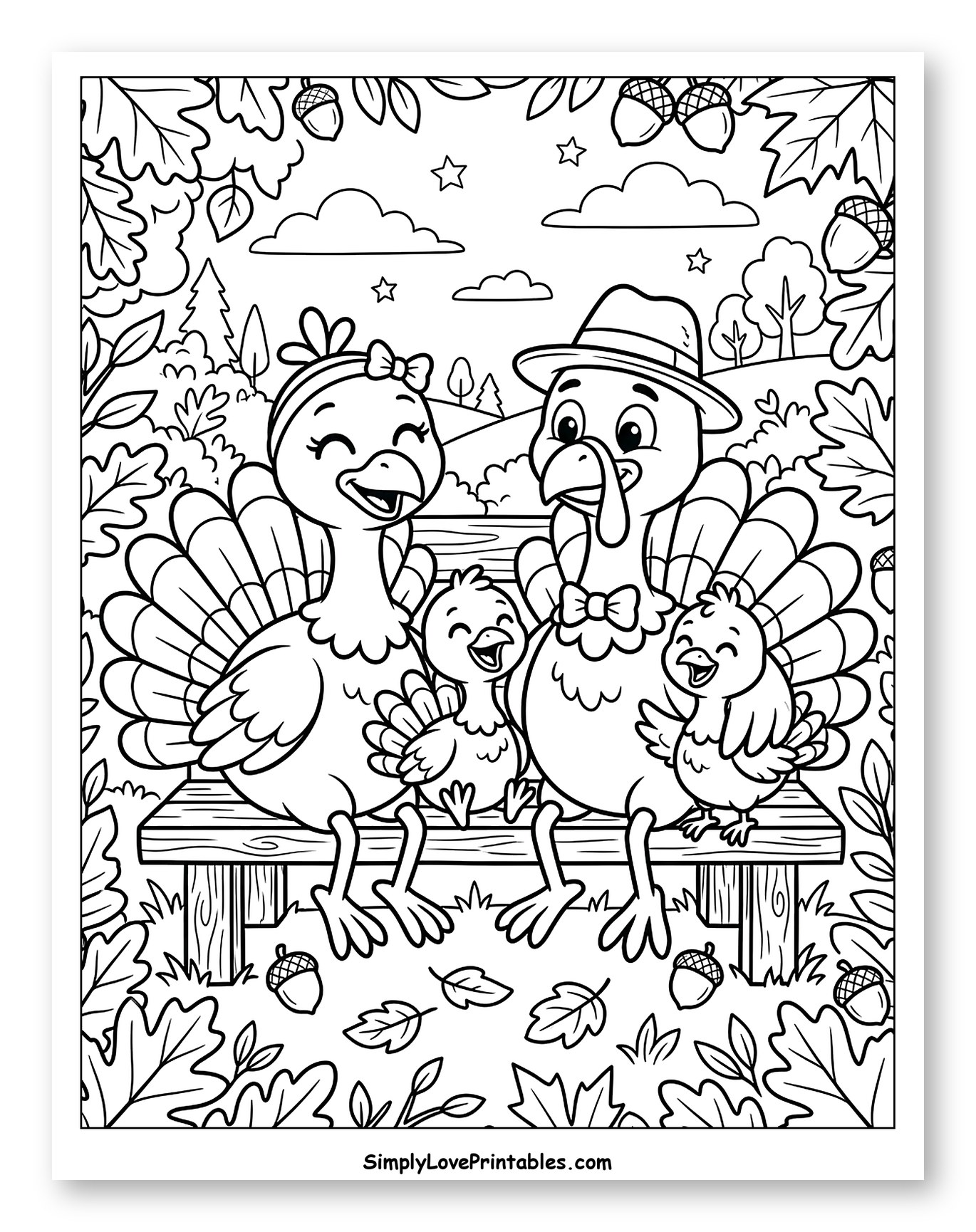Happy Turkey Family on a Bench Outdoors