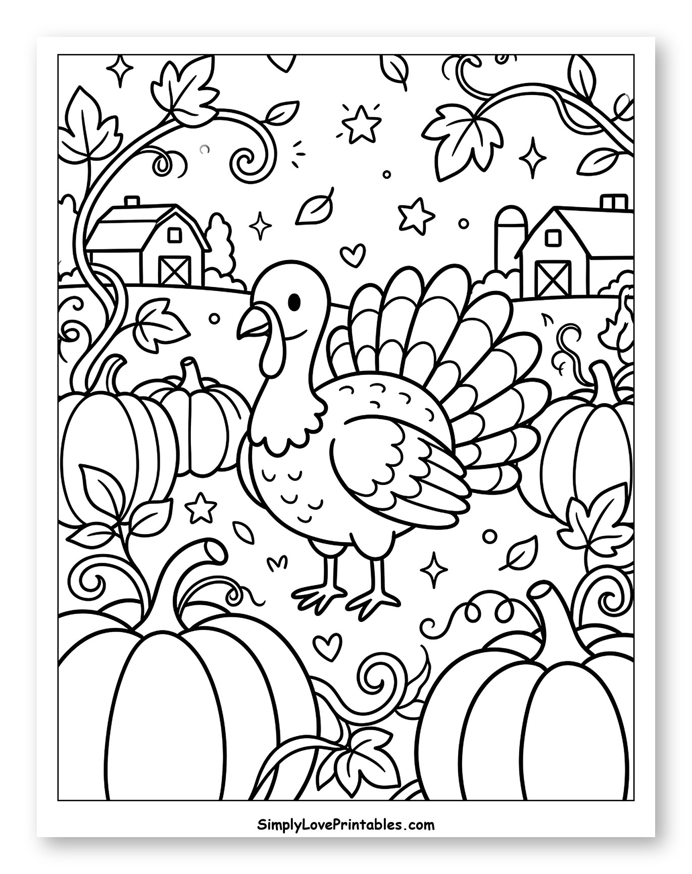 Happy Turkey in a Pumpkin Patch Coloring Sheet for Adults