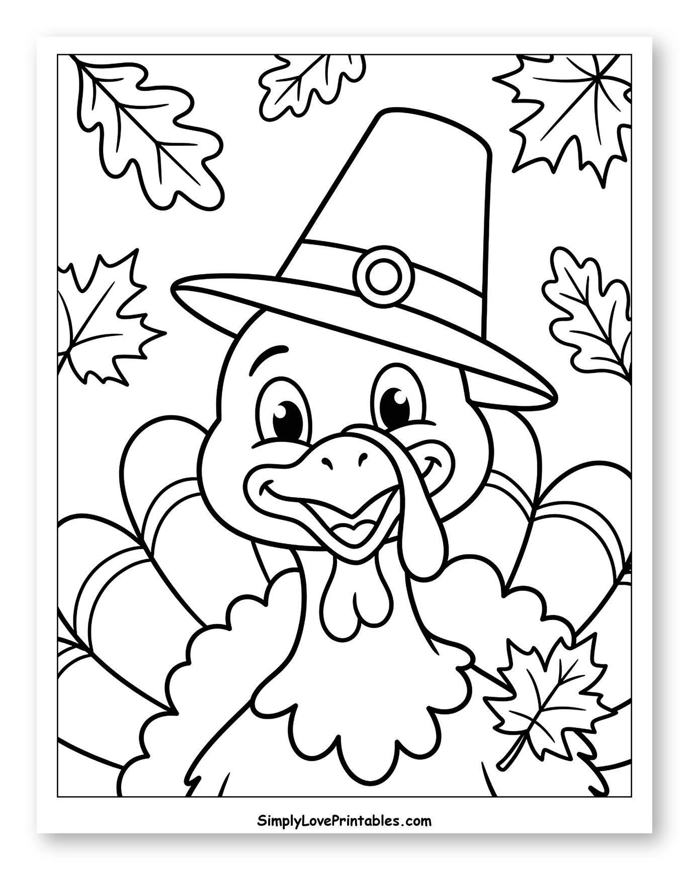 Happy Turkey in Pilgrim Hat with Fall Leaves