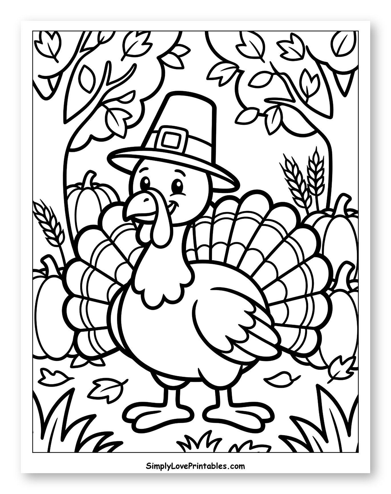 Happy Turkey in Pilgrim Hat with Pumpkins