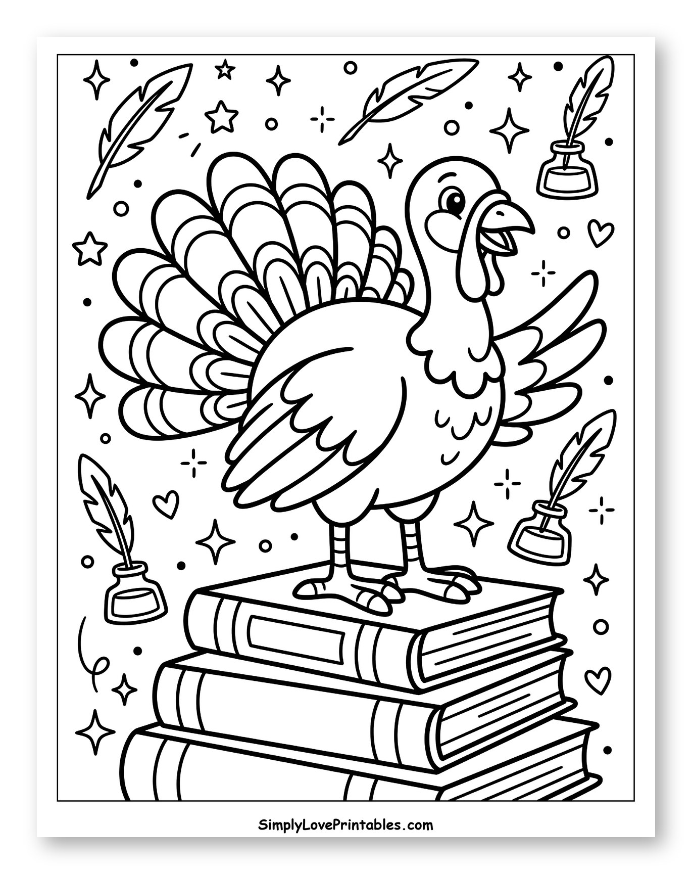 Happy Turkey Standing on Books with Quills Coloring Page for Adults
