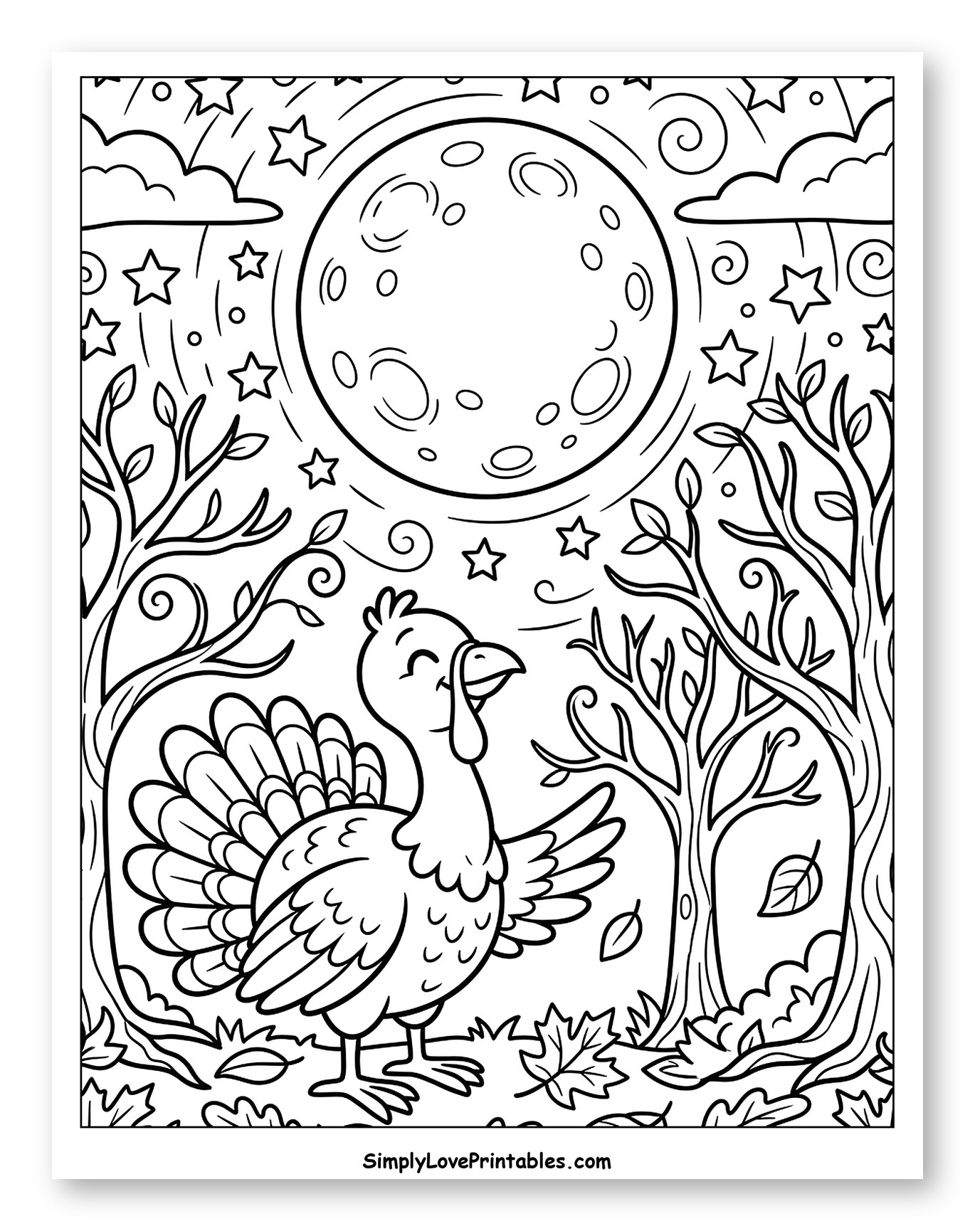 Happy Turkey Under a Starry Full Moon Coloring Sheet for Kids