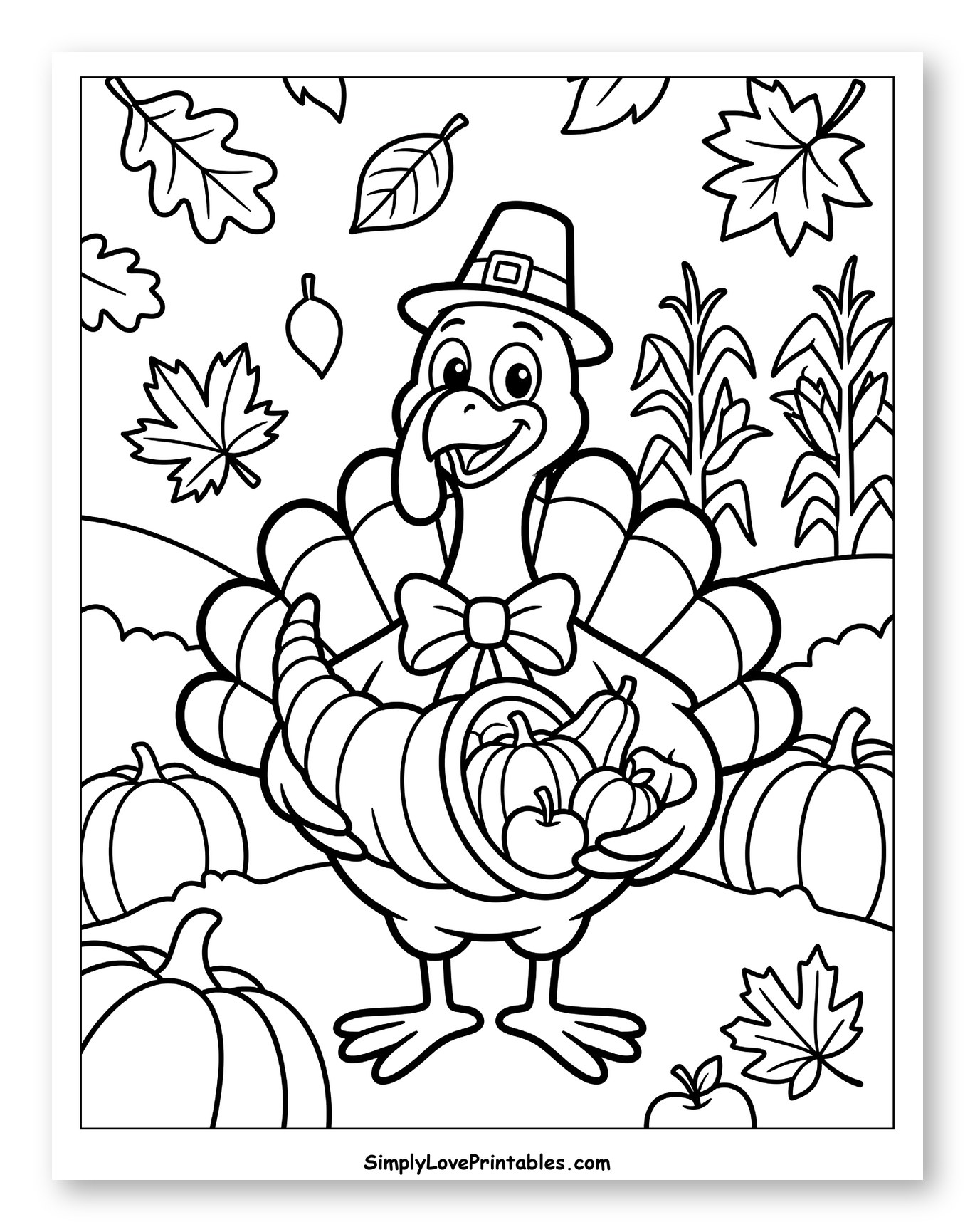 Happy Turkey with Cornucopia and Autumn Harvest Coloring Page for Toddlers
