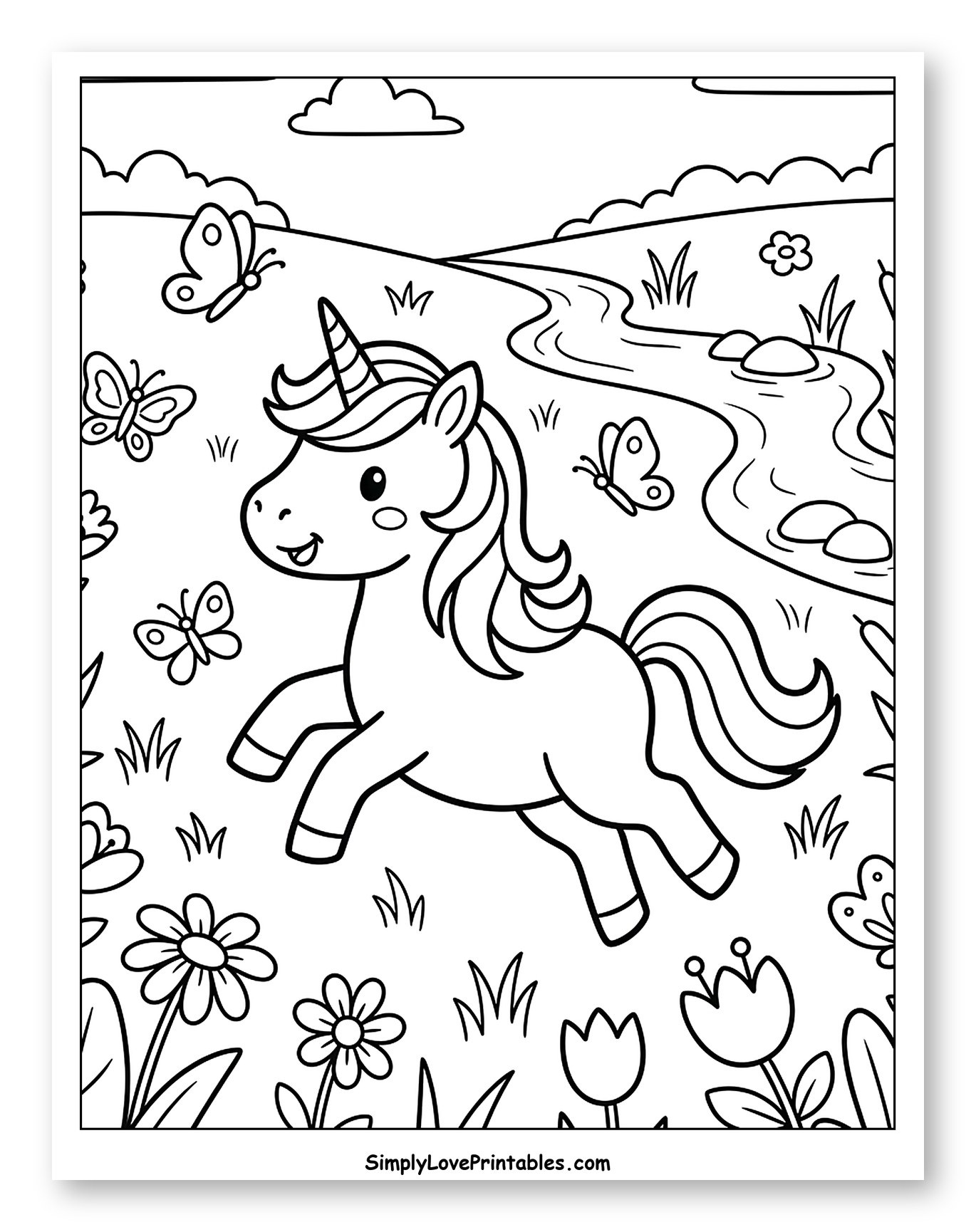 Happy Unicorn Among Flowers and Butterflies