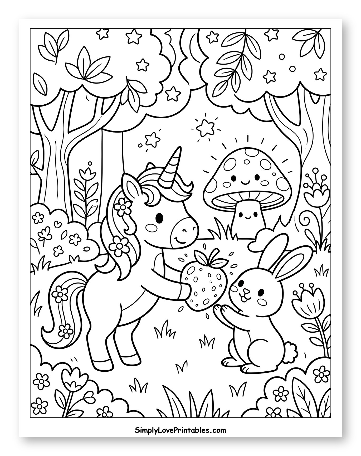 Happy Unicorn and Bunny in a Magical Forest Coloring Page for Kids