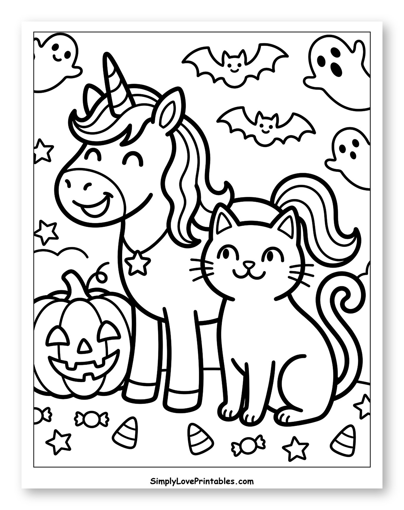 Happy Unicorn and Cat Halloween Scene