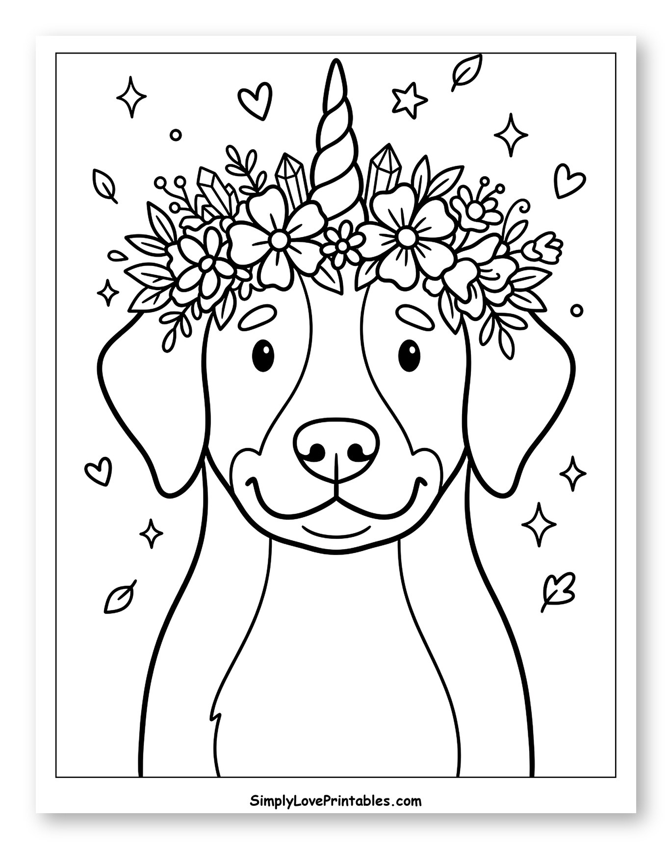 Happy Unicorn Dog Wearing Floral Crown Coloring Sheet for Adults