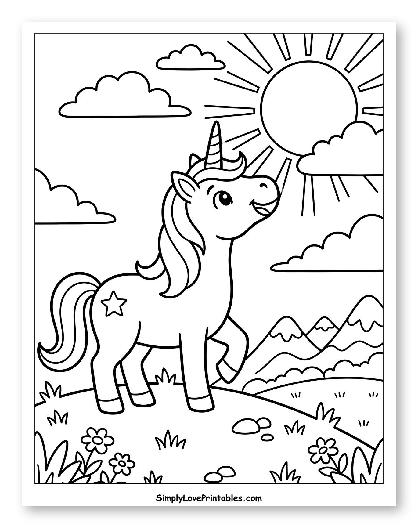 Happy Unicorn Gazing at the Sunny Sky to Color for Kids
