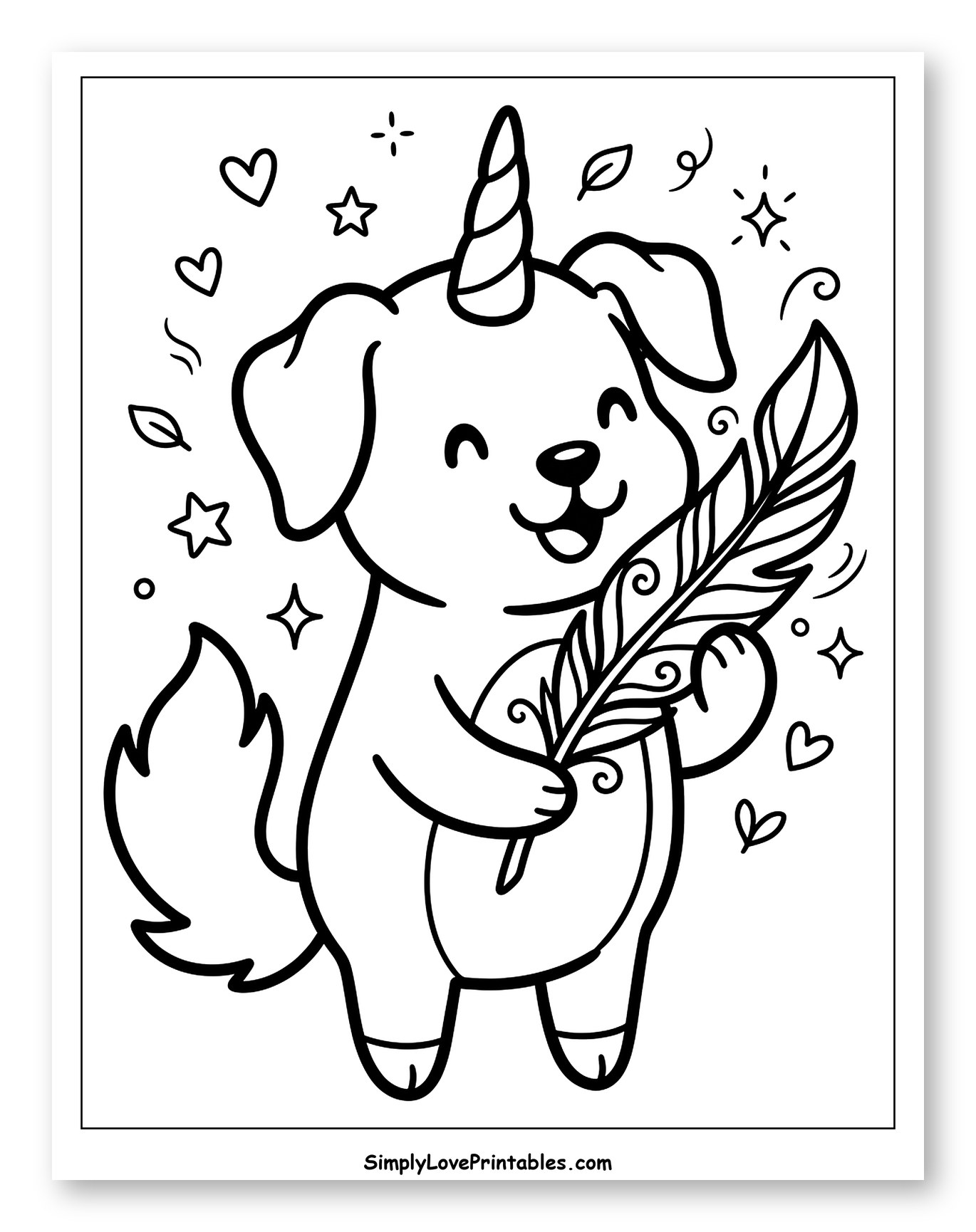 Happy Unicorn Puppy Holding a Feather Coloring Sheet for Adults
