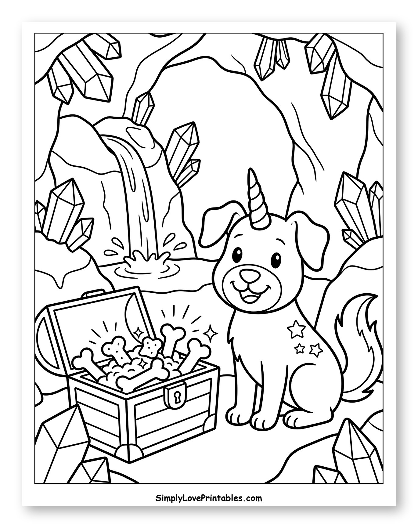 Happy Unicorn Puppy in a Gem Cave Coloring Sheet for Kids