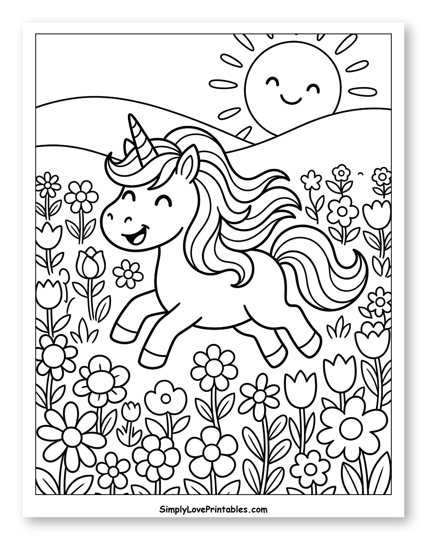 Happy Unicorn Running Through Flower Field