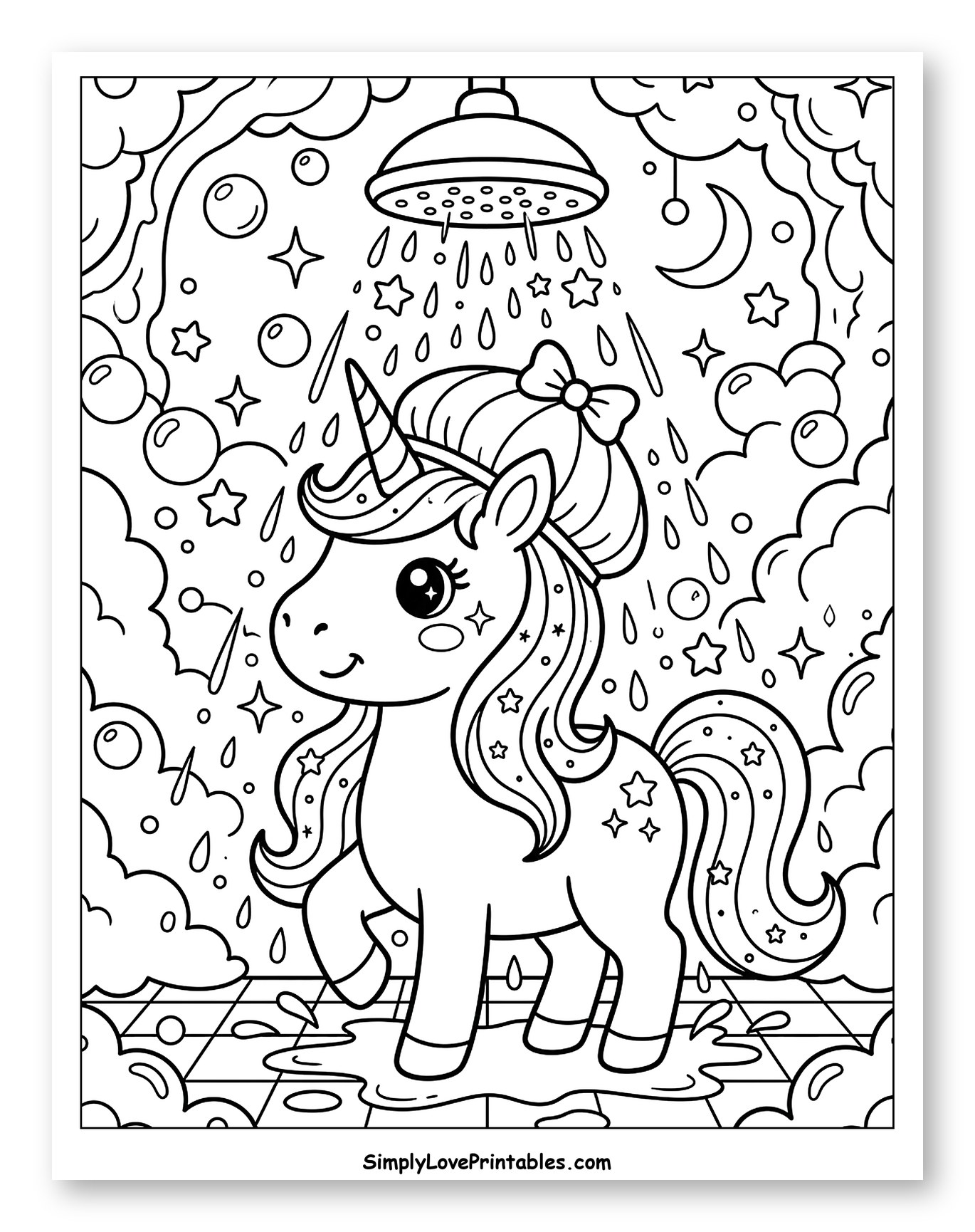 Happy Unicorn Showering with Stars and Bubbles Coloring Page for Kids