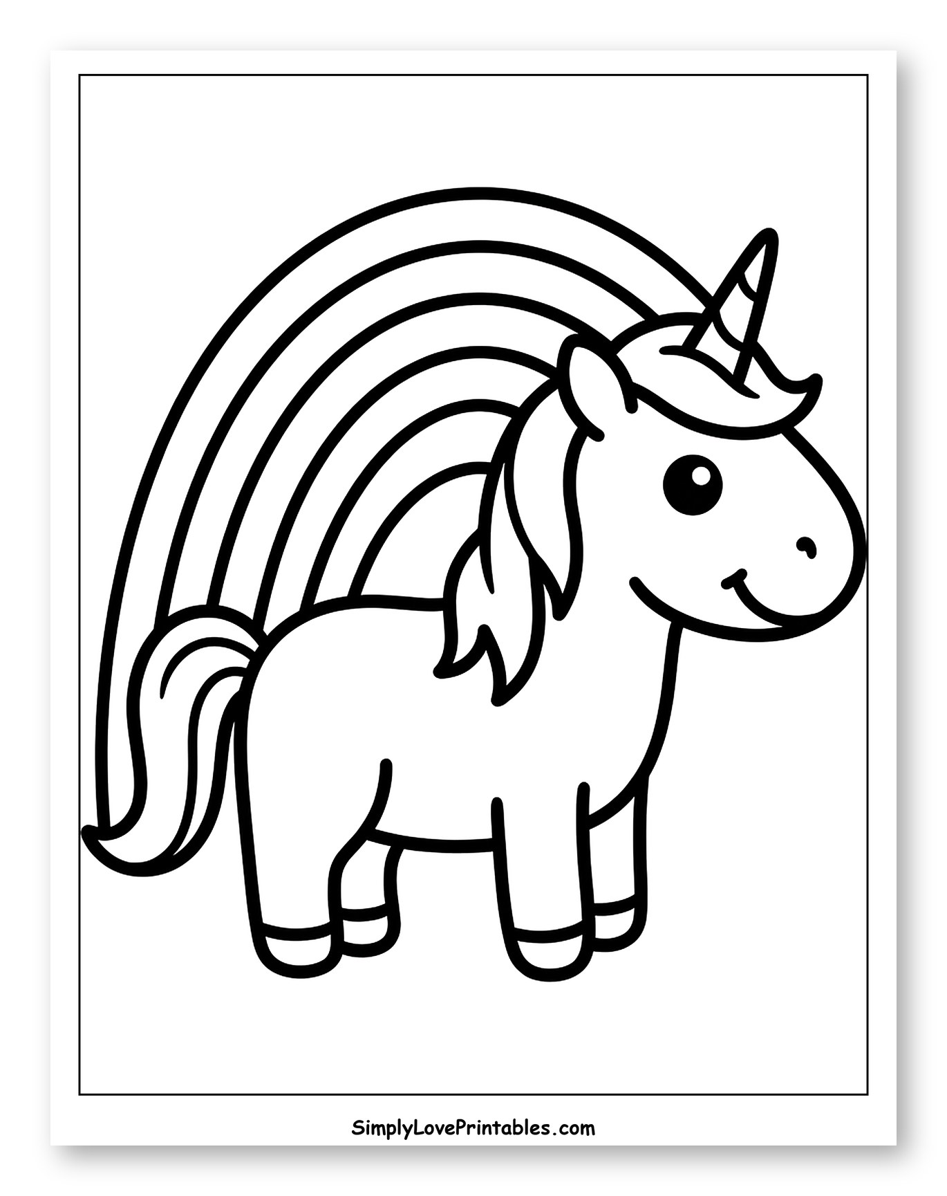 Happy Unicorn Standing Under a Rainbow to Color for Toddlers