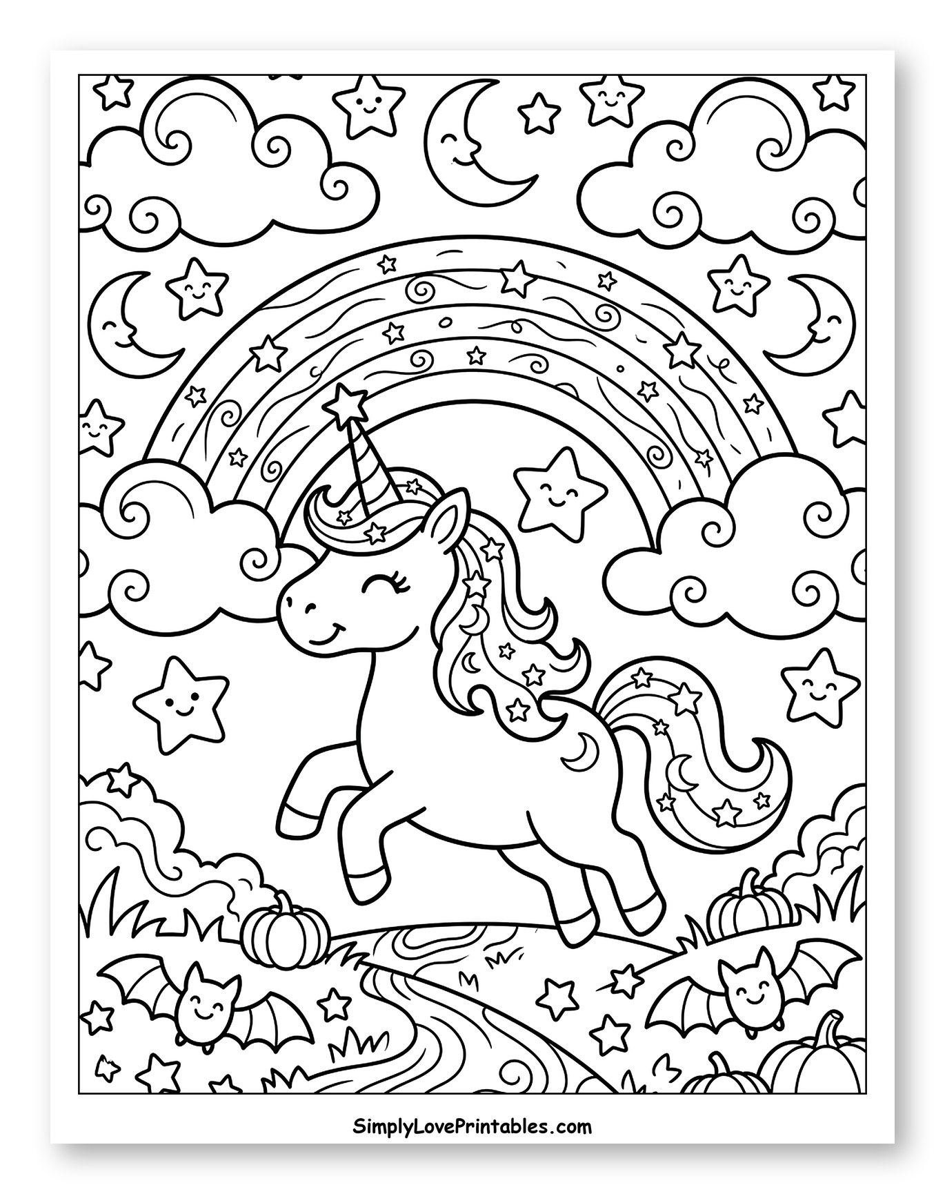 Happy Unicorn Under Rainbow with Halloween Friends