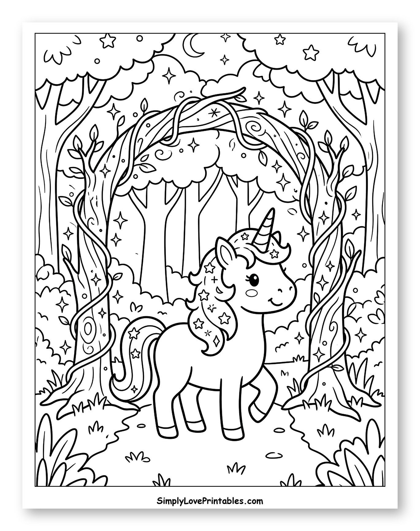 Happy Unicorn Under Starry Forest Arch