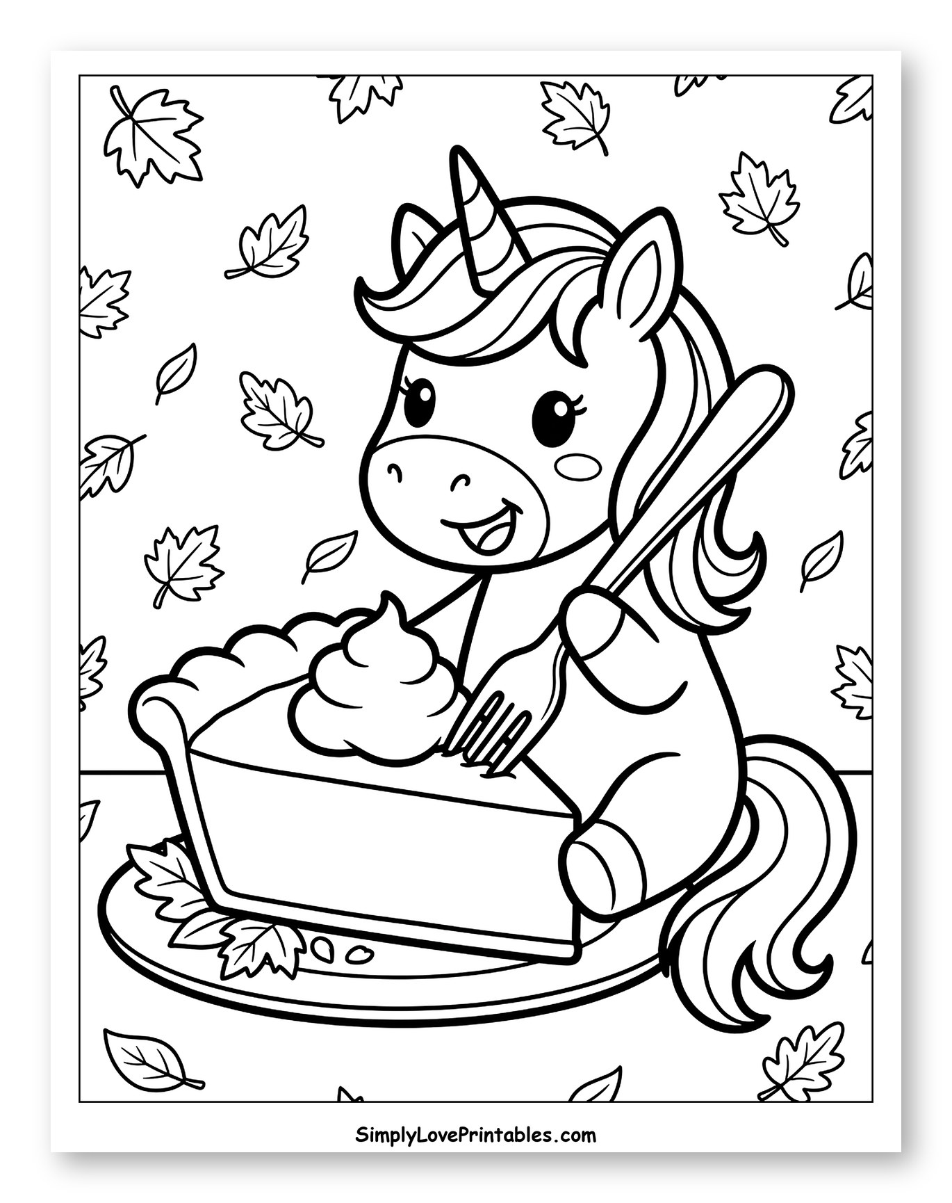Happy Unicorn with a Slice of Thanksgiving Pie Coloring Page for Kids