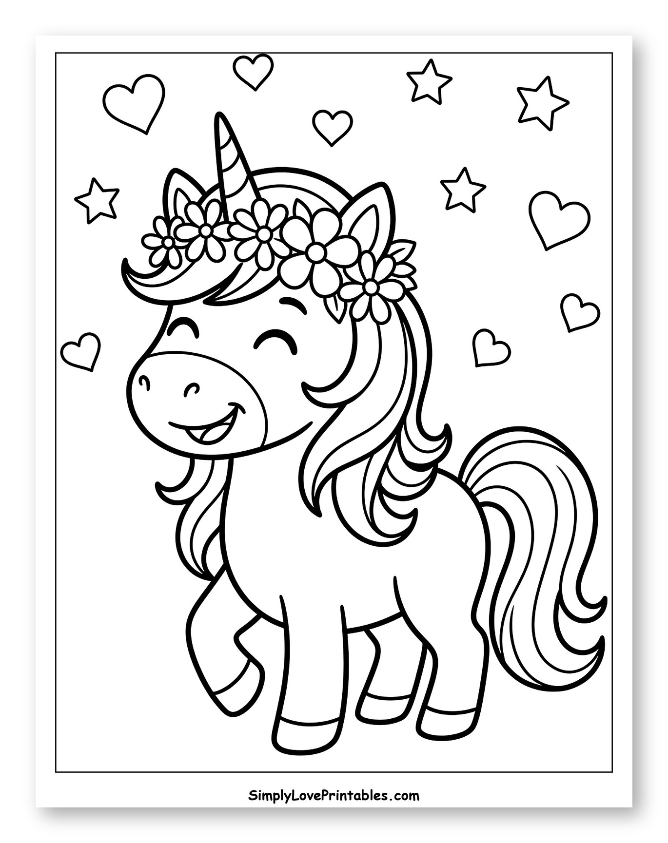Happy Unicorn with Floral Headband Coloring Page for Kids