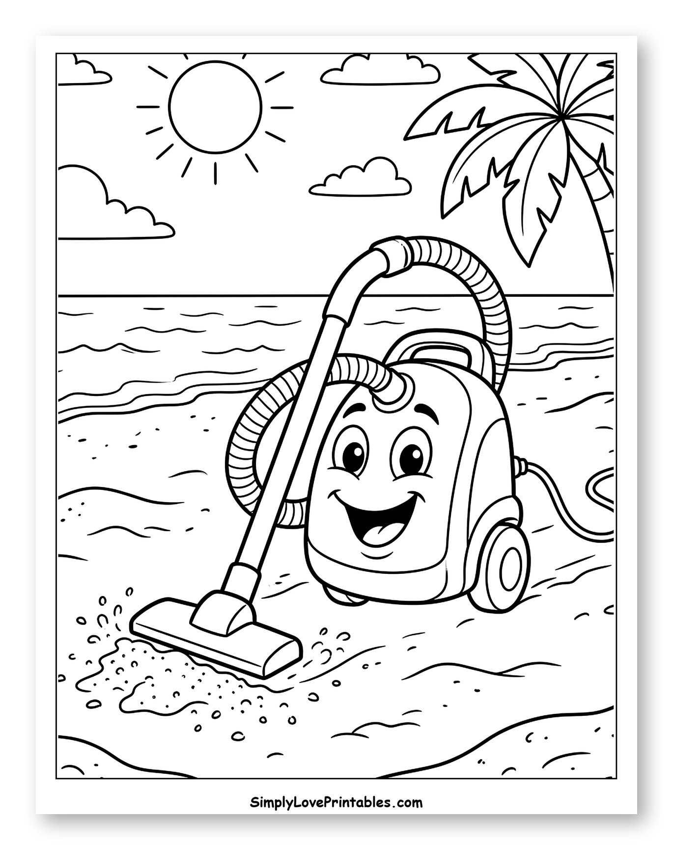 Happy Vacuum Cleaner Cleaning Beach Sand Coloring Page for Kids