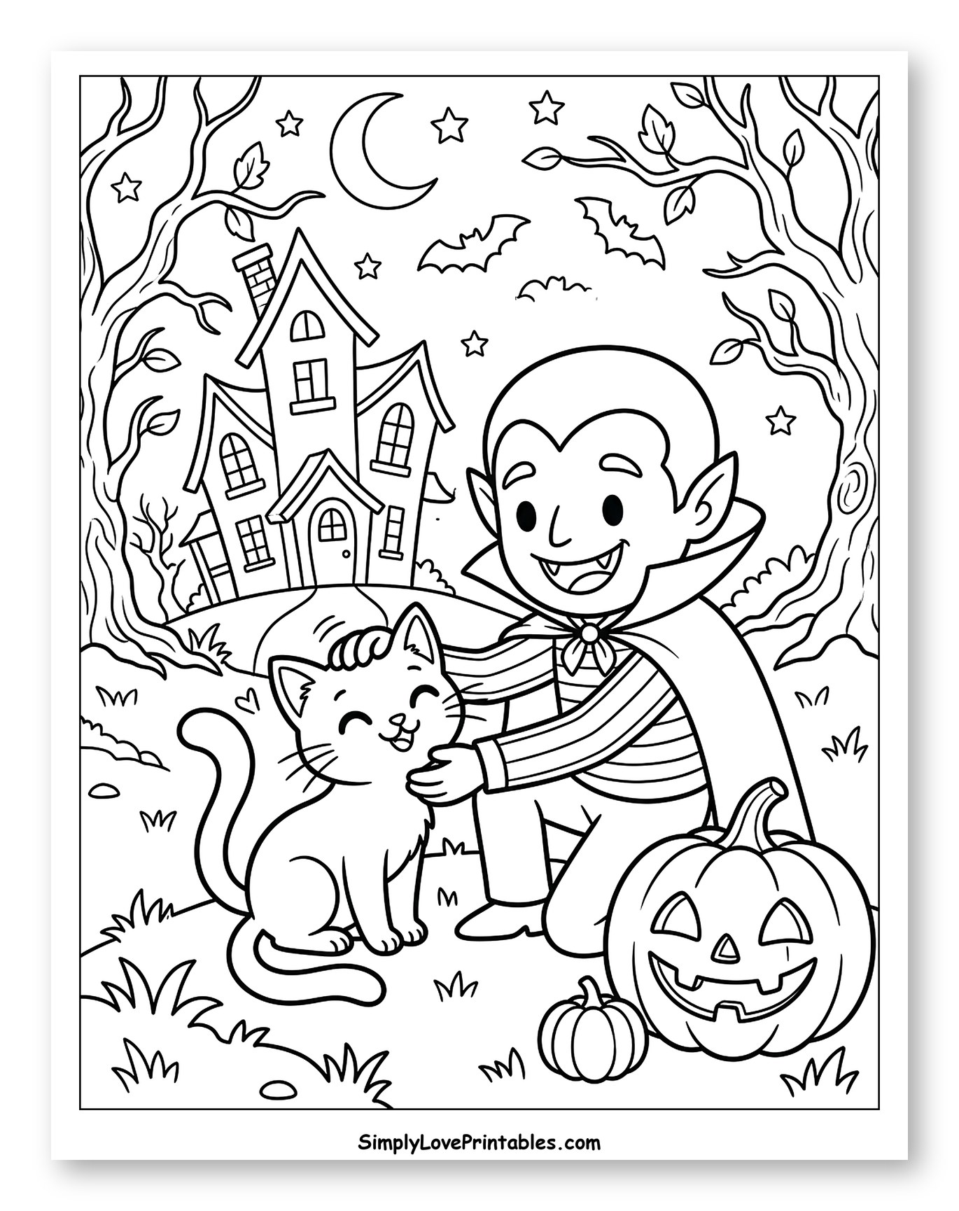 Happy Vampire Boy and Cat at Halloween Coloring Sheet for Kids