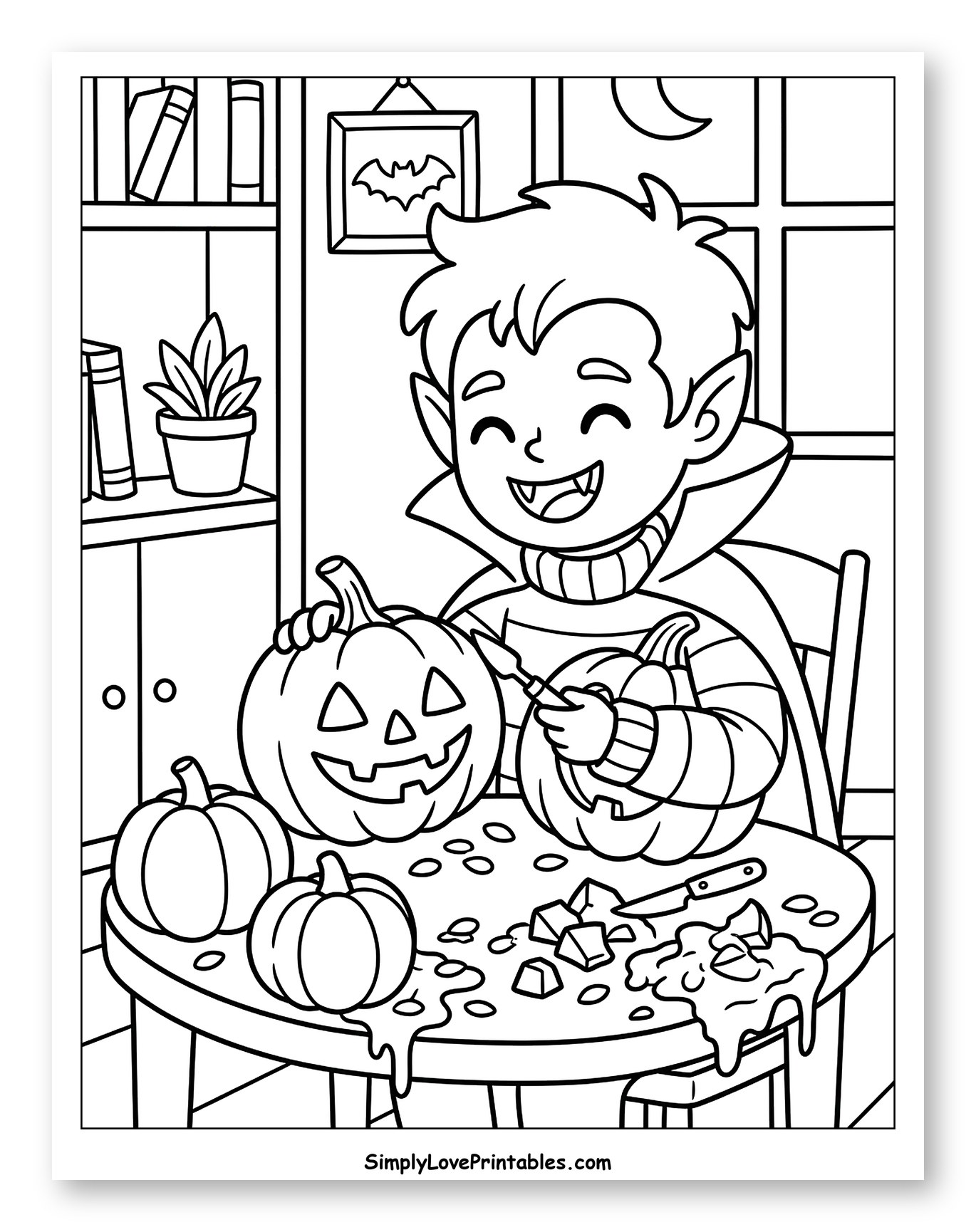 Happy Vampire Carving Halloween Pumpkins Coloring Sheet for Kids