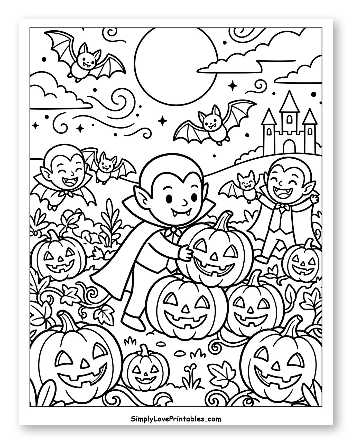 Happy Vampires Playing with Halloween Pumpkins Coloring Sheet for Kids
