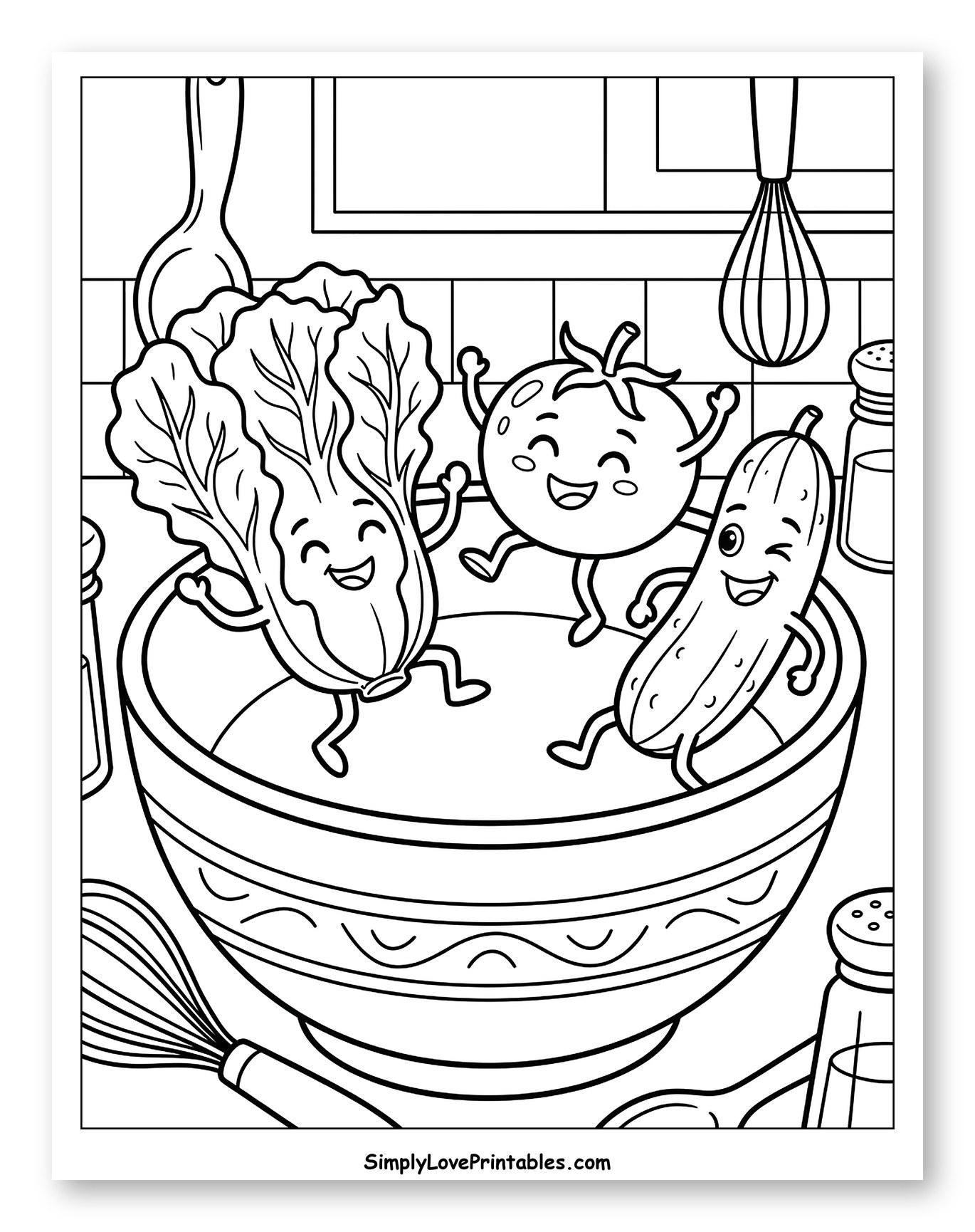 Happy Vegetables Dancing in Salad Bowl Coloring Page for Kids
