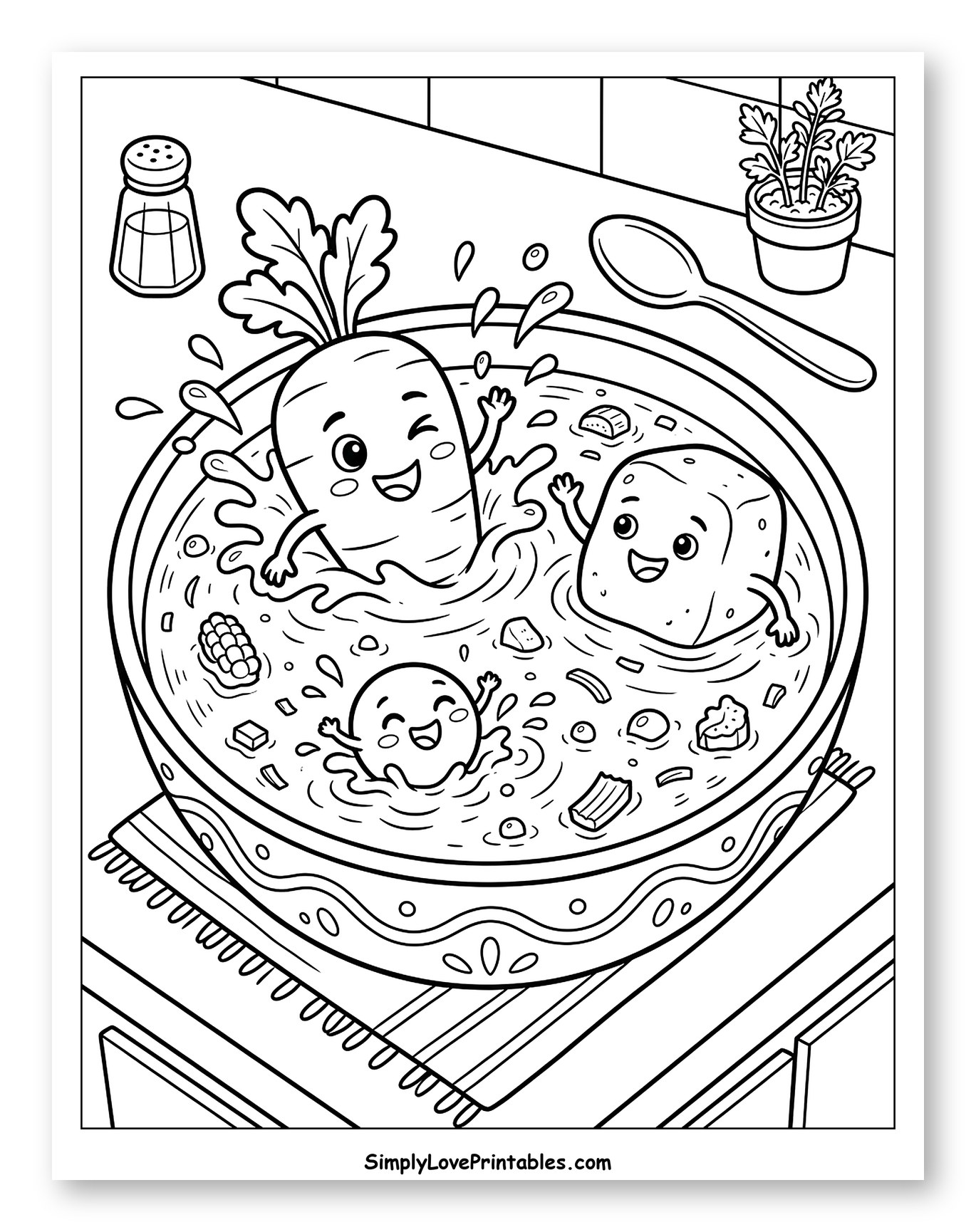 Happy Vegetables Playing in Soup Coloring Page for Kids