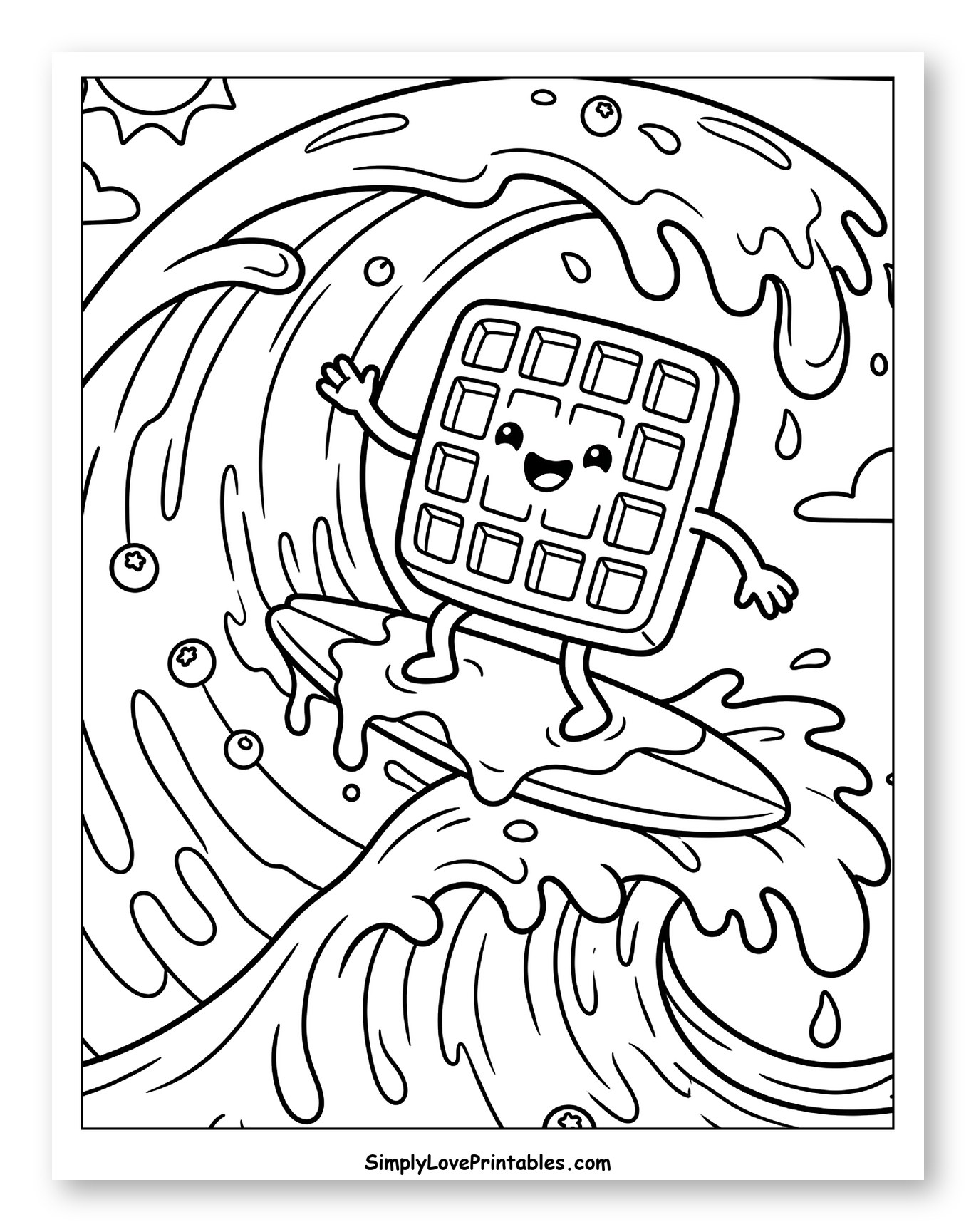 Happy Waffle Surfing on a Syrup Wave Coloring Sheet for Kids