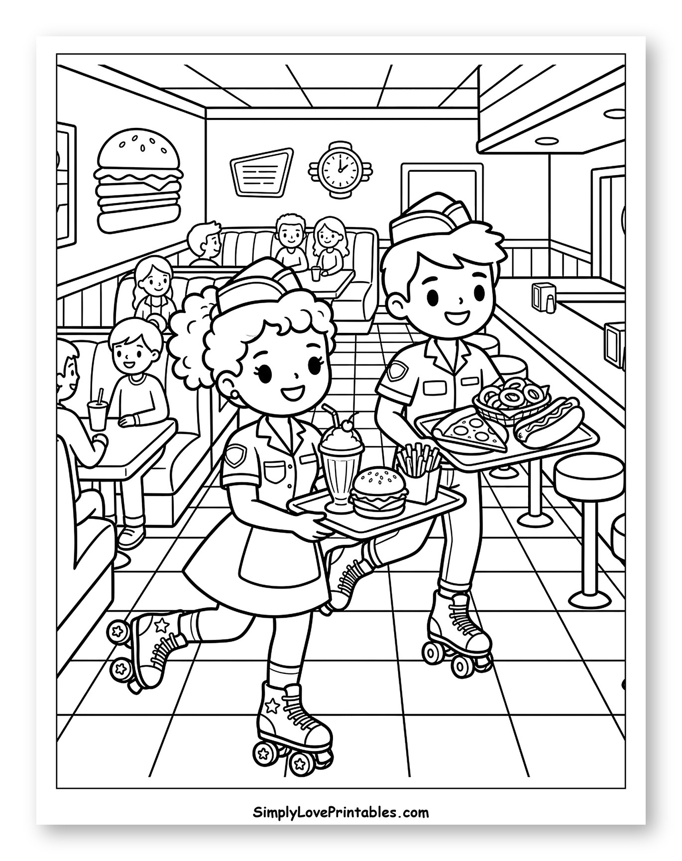 Happy Waiters Skating in a Classic Diner Coloring Sheet for Kids