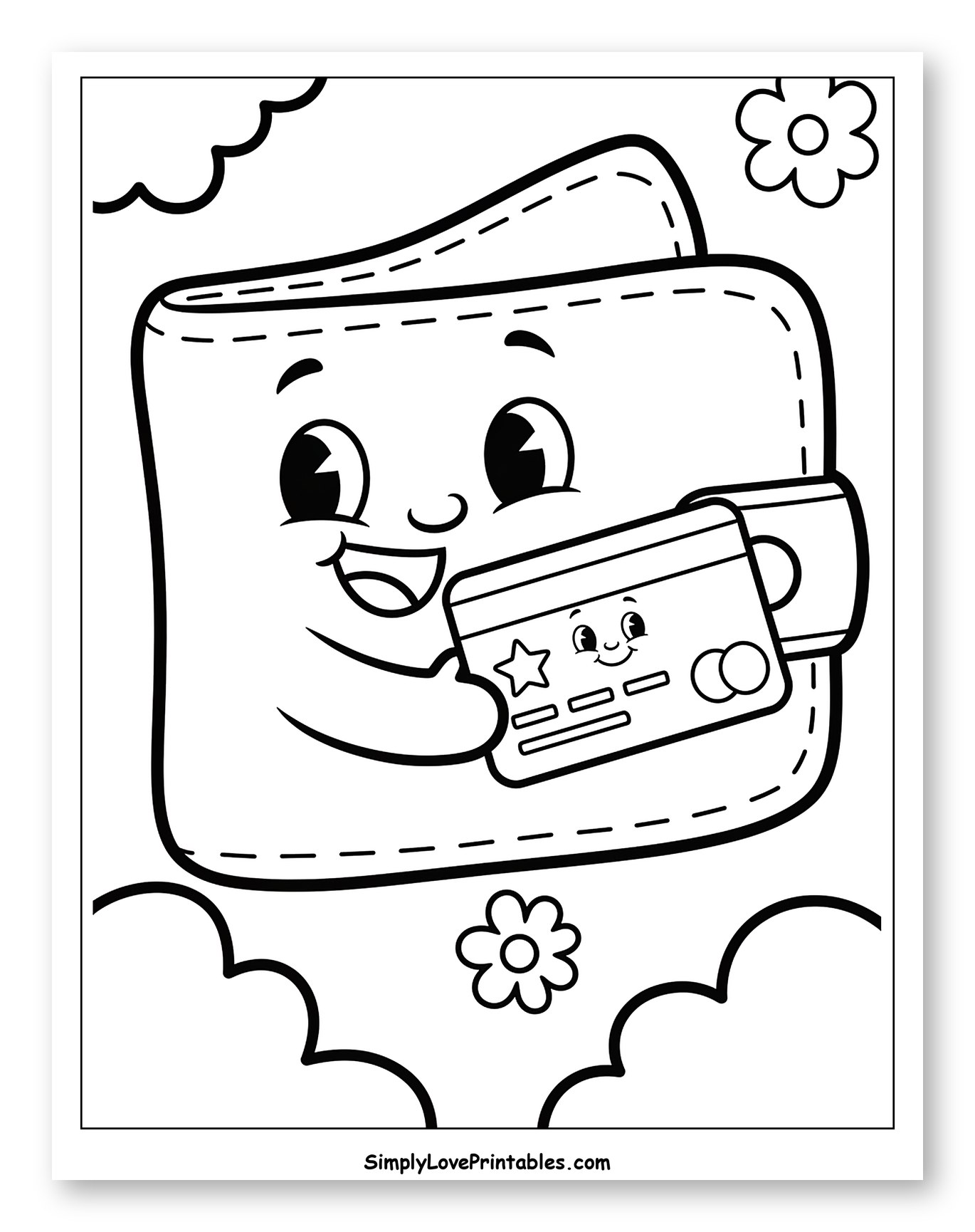 Happy Wallet Holding a Credit Card Coloring Page for Toddlers