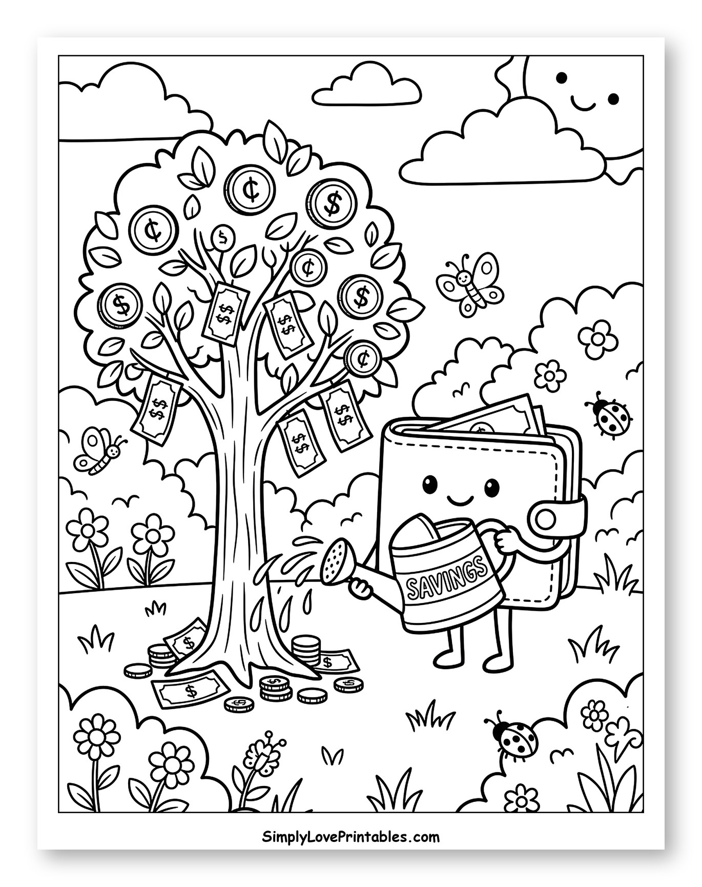 Happy Wallet Watering a Money Savings Tree Coloring Page for Kids