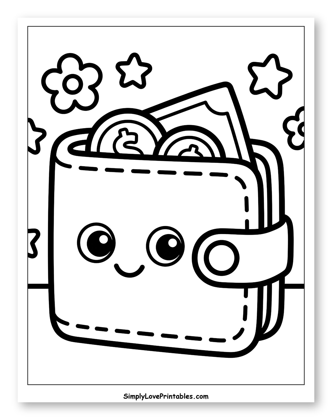 Happy Wallet with Money, Stars, and Flowers Coloring Sheet for Toddlers