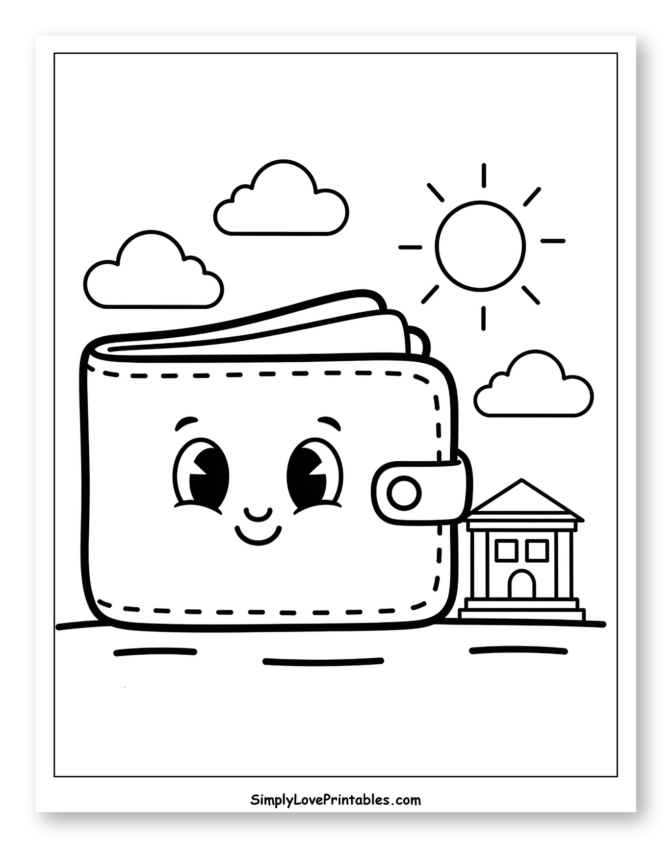 Happy Wallet with Sun and Bank Coloring Sheet for Toddlers
