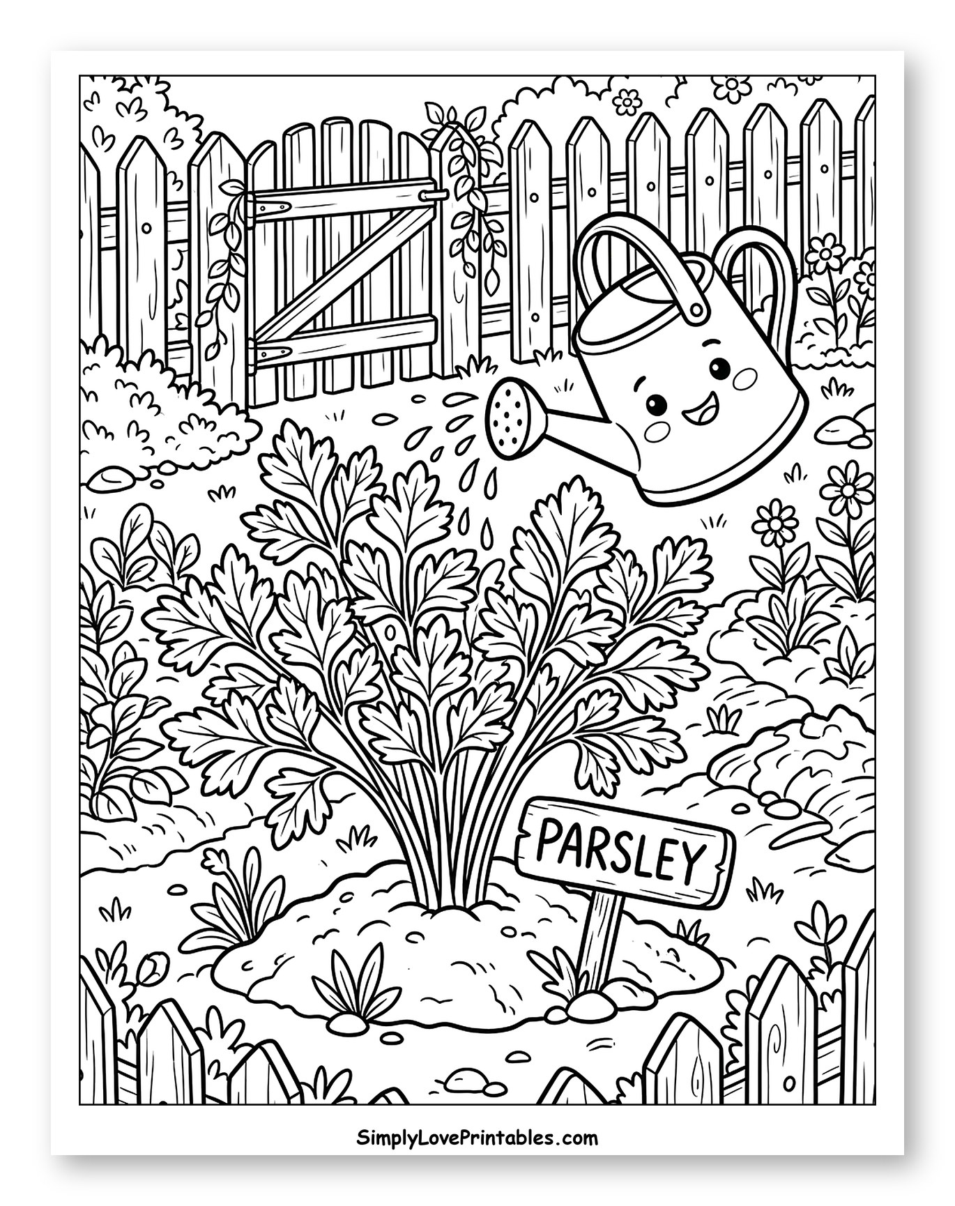 Happy Watering Can Tending Parsley in a Garden to Color for Kids