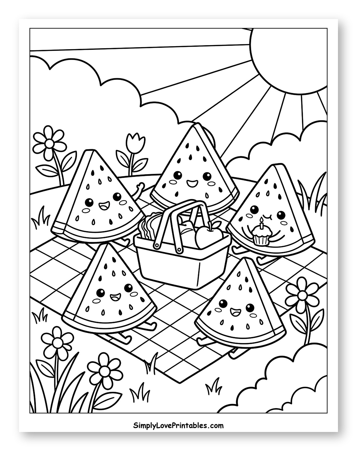 Happy Watermelon Picnic Under Sunny Sky Coloring Sheet for Kids