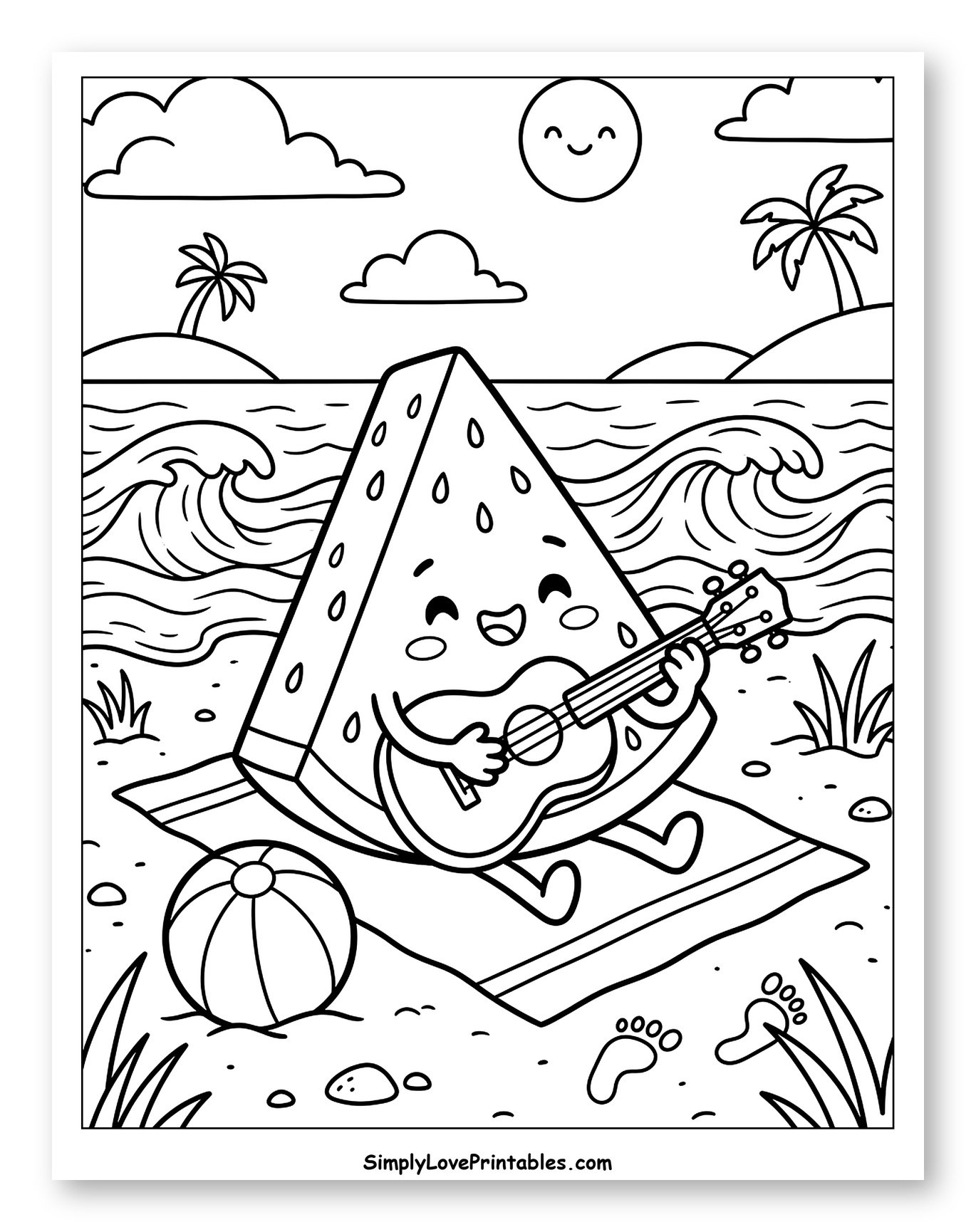 Happy Watermelon Playing Guitar on the Beach Coloring Sheet for Kids