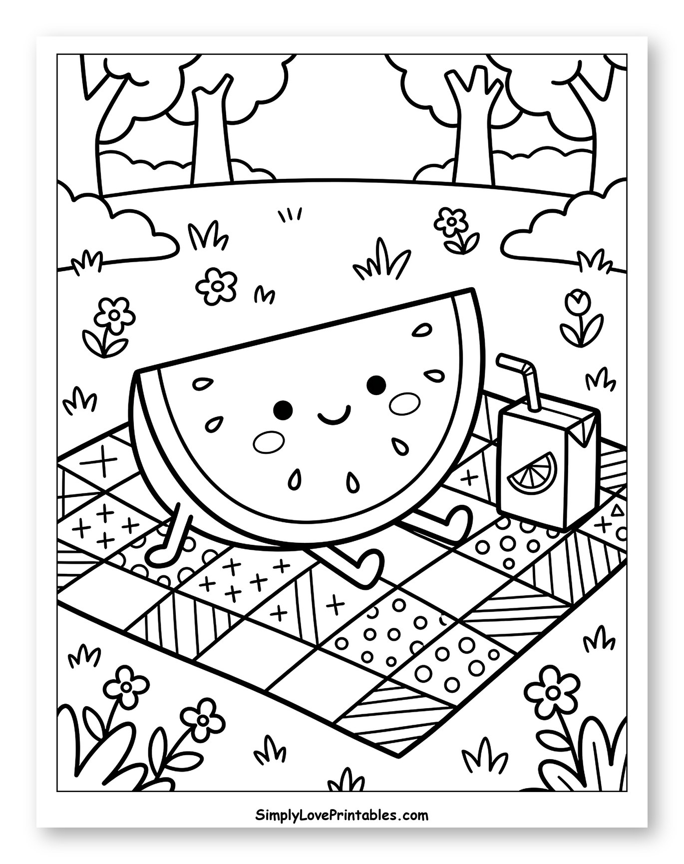 Happy Watermelon Slice on a Picnic Coloring Sheet for Kids